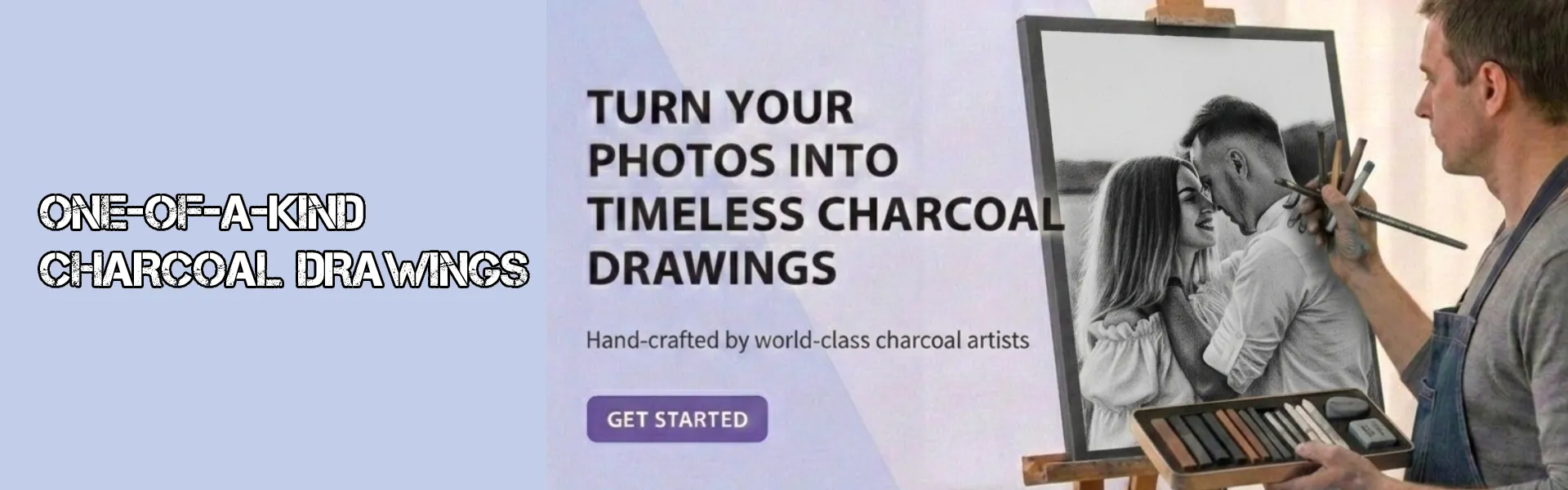 Custom charcoal drawing featuring an artist hand‑drawing a detailed couple’s portrait from a photo.